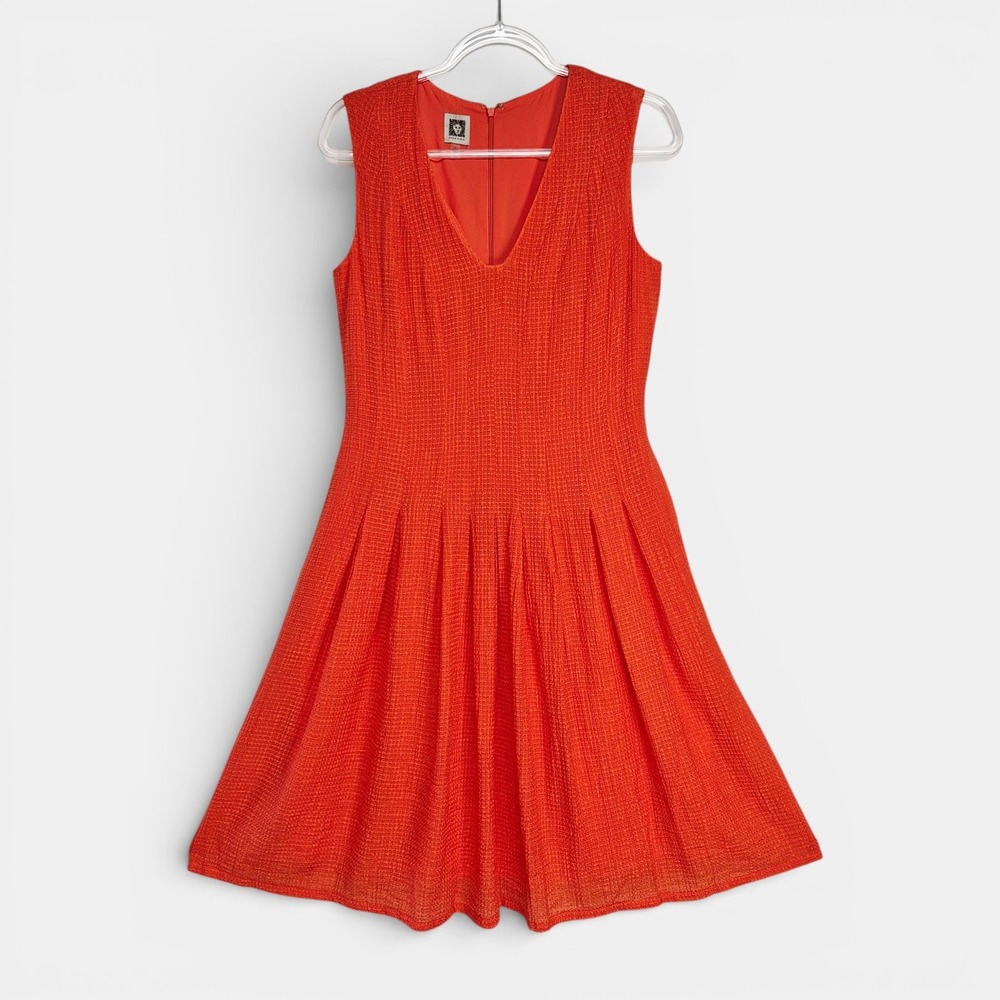 Anne Klein Womens Orange Textured V-Neck Sleeveless Fit and Flare Pleated‎ Dress